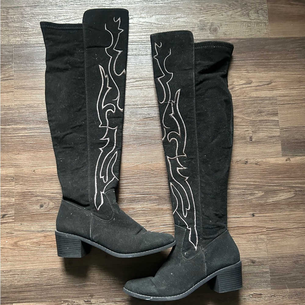 Black over the knee western boots
